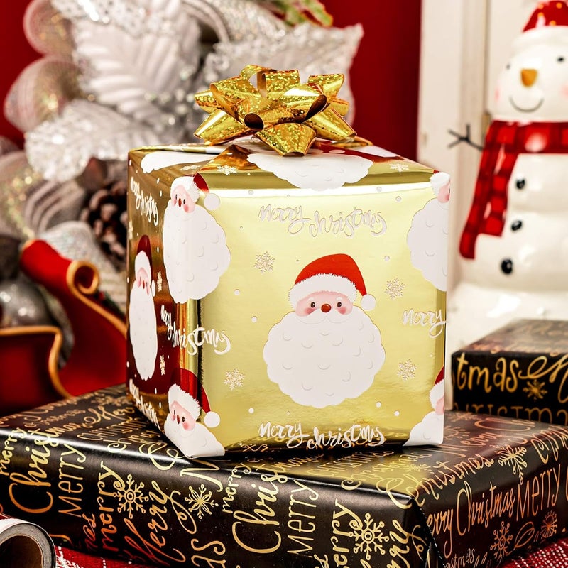 MAYPLUSS Gold Santa Claus Wrapping Paper Roll, 17IN X 33FT Christmas Gift Wrap Paper Featuring Reversible Merry Christmas for Holiday New Year Kids - Image 3